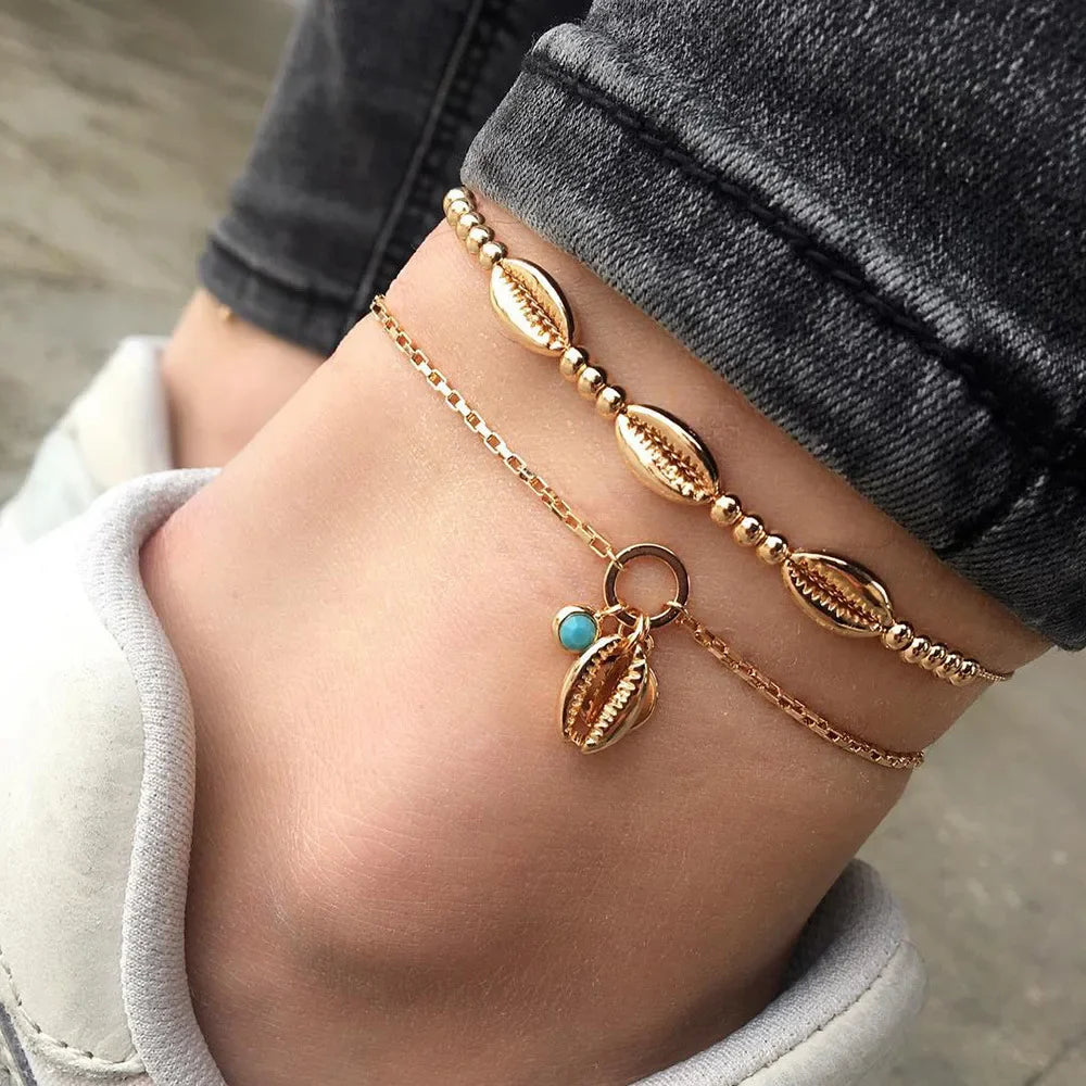 New Summer Shell Anklet Set For Women Sequin Beach Ankle Bracelet Gold Color Leg Chain On Foot Female Bohemian Jewelry