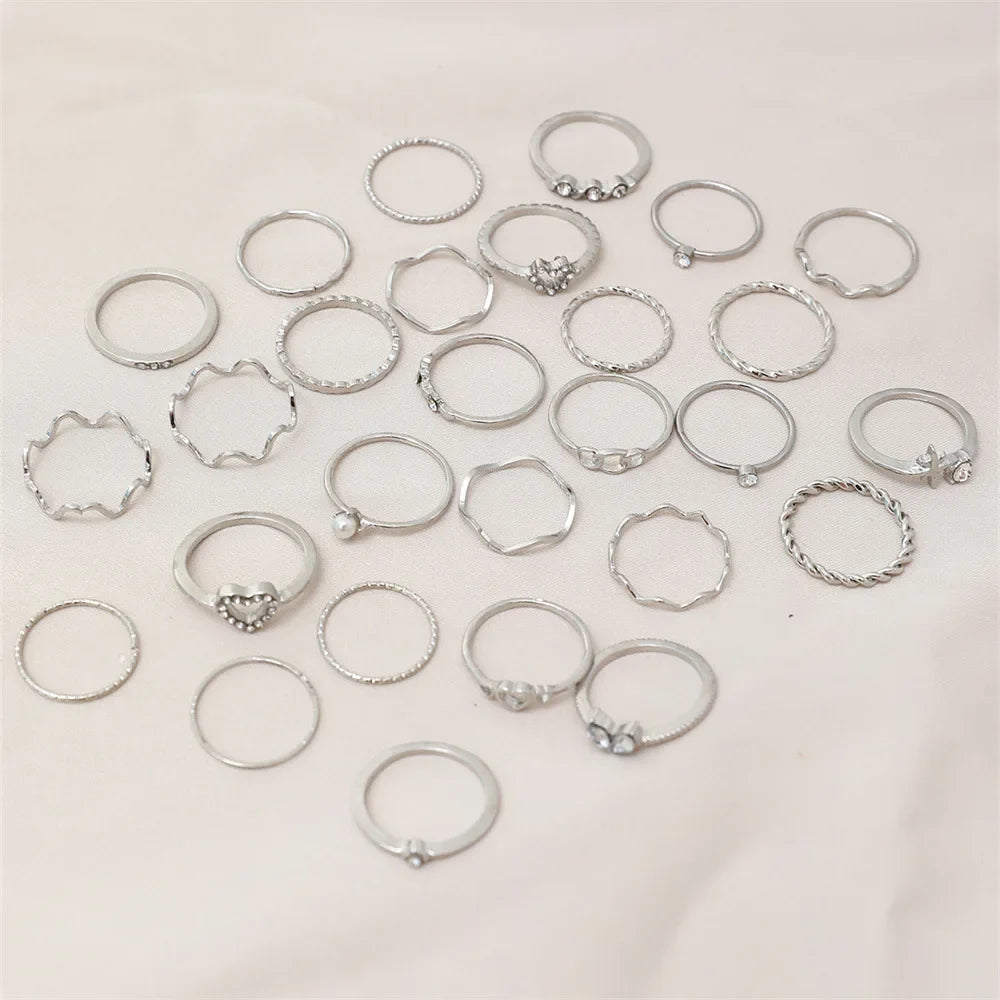 28Pcs Fashion Geometric Knuckle Rings Set For Women Crystal Heart Gold Silver Color Rings Girls  Party Jewelry Accessories