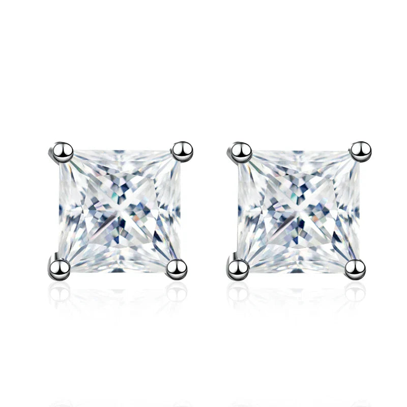 NeeTim 1ct 2ct Princess Cut Moissanite Earrings s925 Sterling Silver Plated with White Gold Plated Ear Studs for Women Jewelry