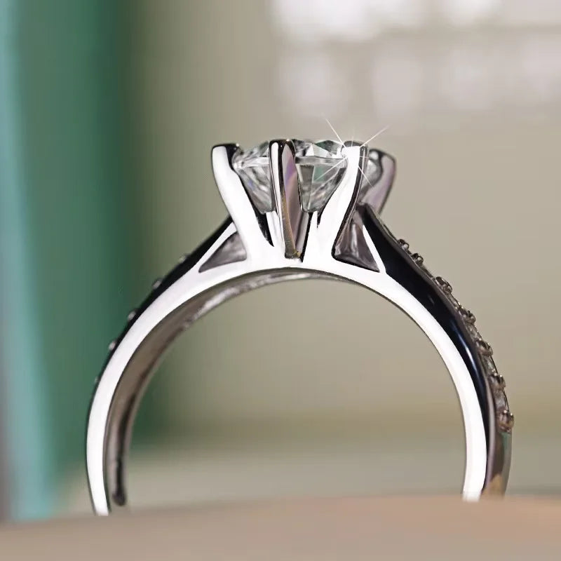 Luxury 925 Sterling Silver Classic Ring for Women Six Claw Jewelry Simple Imitation Diamond Women's Ring Engagement Wedding Gift