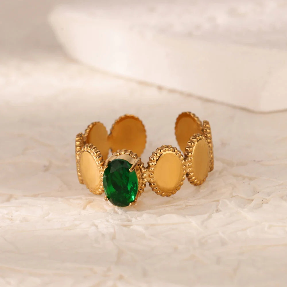 Green Cubic Zircon Heart Rings For Women Vintage Gold Color Stainless Steel Open Ring Fashion Aesthetic Jewelry Wedding Gift