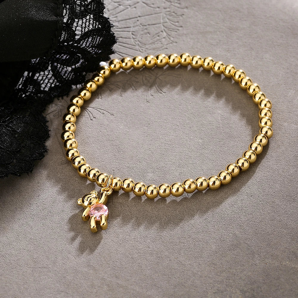 NEWBUY Trendy Gold Color Copper Beads Bracelets For Women White/Pink/Purple CZ Cute Bear Jewelry