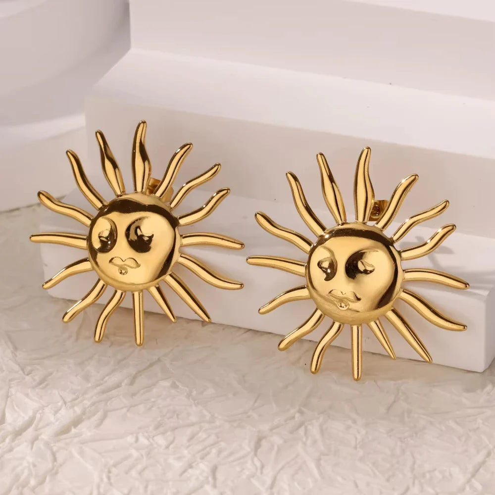 Punk Sun Face Stud Stainless Steel Earrings For Women Gold Color Star Piercing Ear Accessories Femme Gothic Jewelry Party Gift