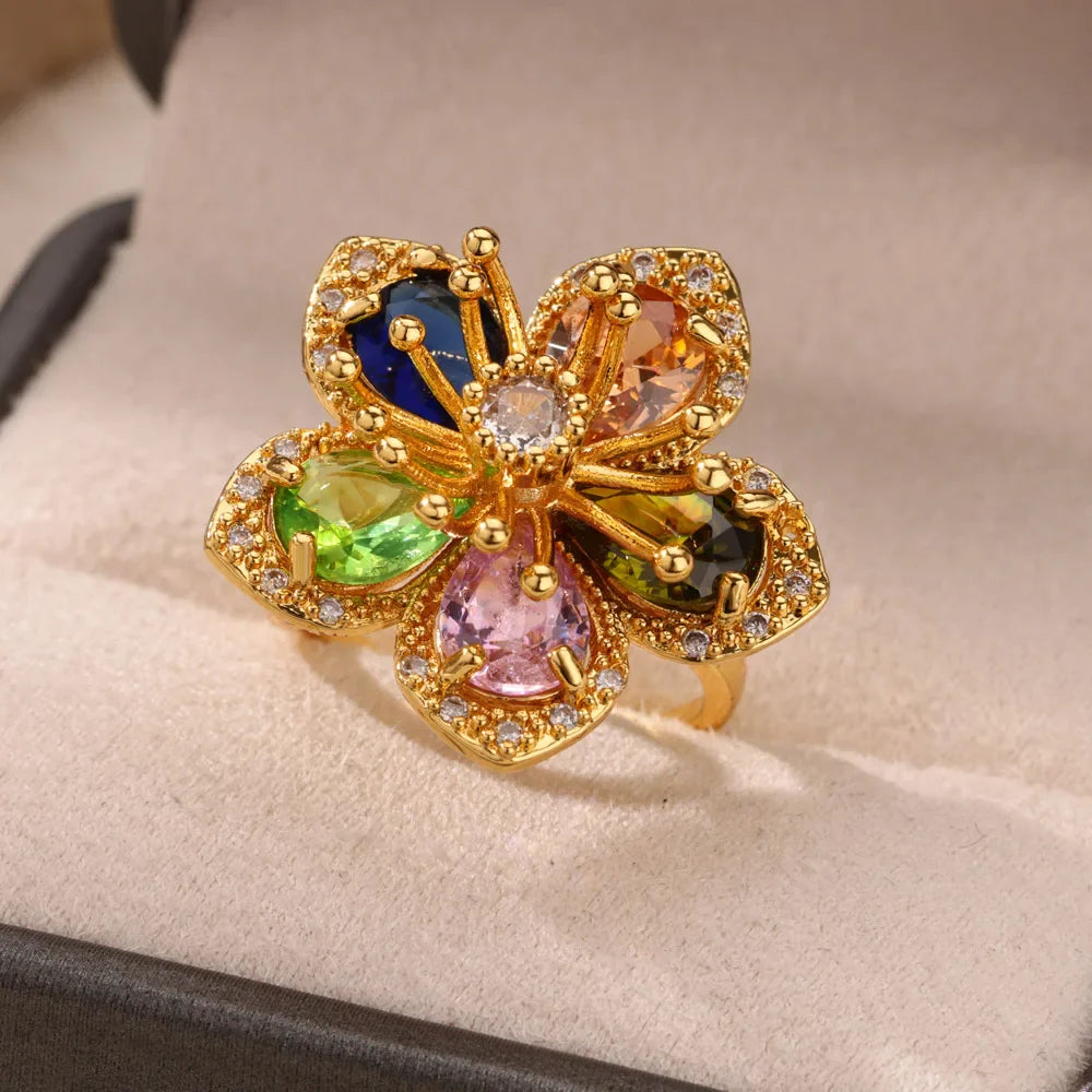Stainless Steel Flower Big Open Rings For Women Gold Color Imitation Pearl Hollow Out Ring Trendy Aesthetic Jewerly Gifts