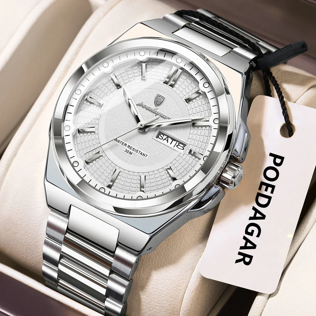 POEDAGAR Top Original Men's Watches Stainless Steel Waterproof Luminous Man Watch Date Week Classic Trendy Quartz Men Wristwatch