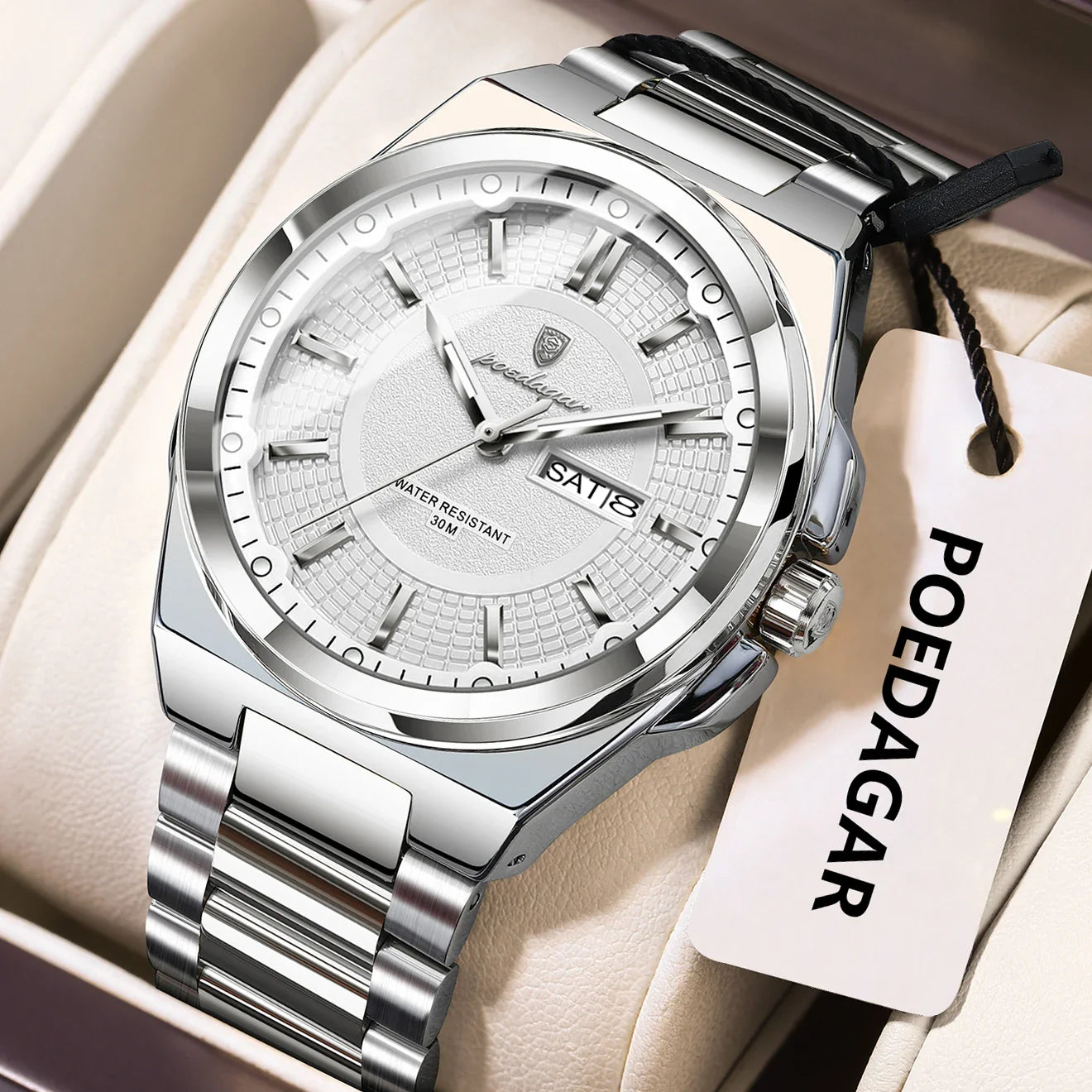 POEDAGAR Top Original Men's Watches Stainless Steel Waterproof Luminous Man Watch Date Week Classic Trendy Quartz Men Wristwatch