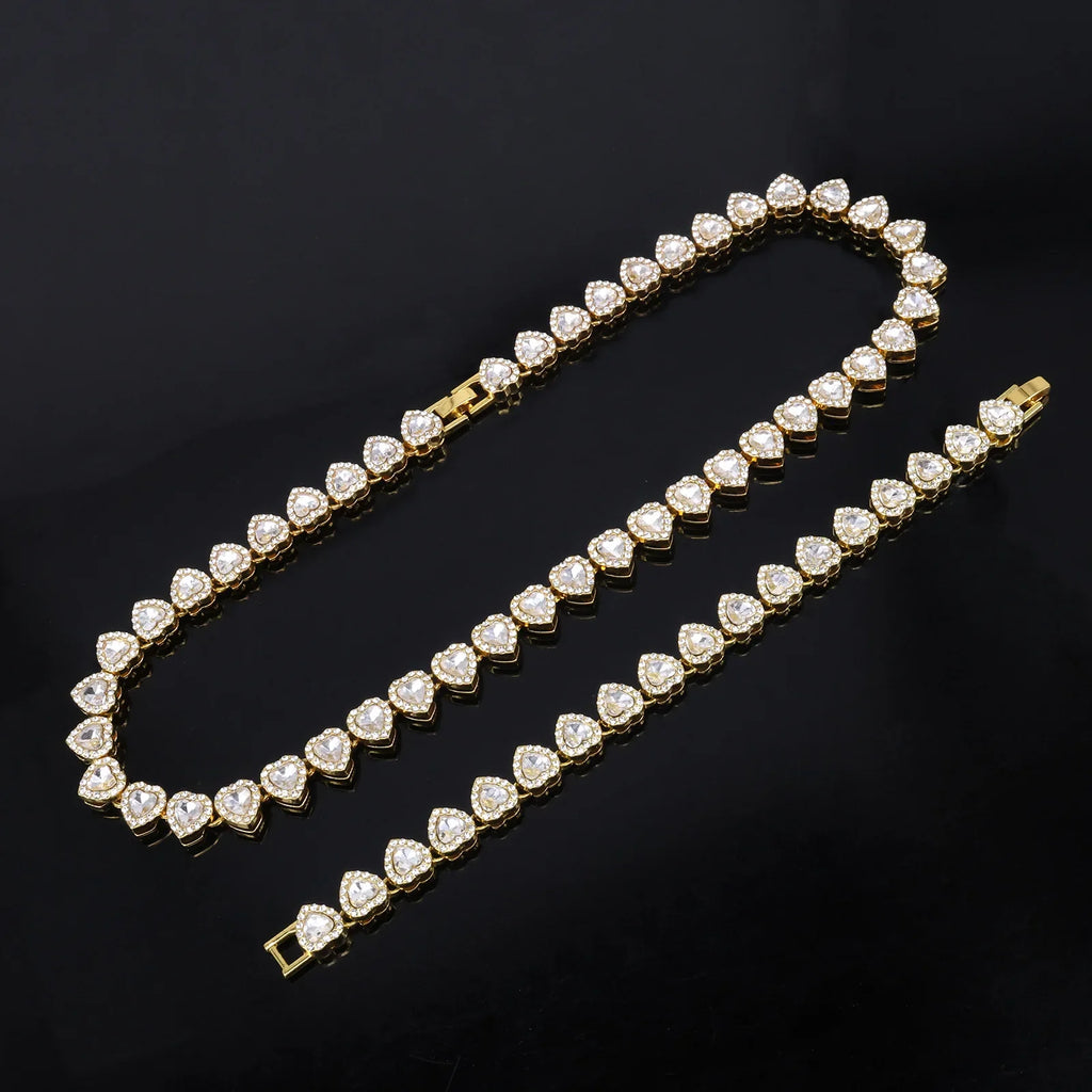 Yupsk 45CM/20CM Shiny Heart Rhinestone Hip Hop Rock Tennis Chain Bracelet Necklace for Women Men Trendy Jewelry Set Gift