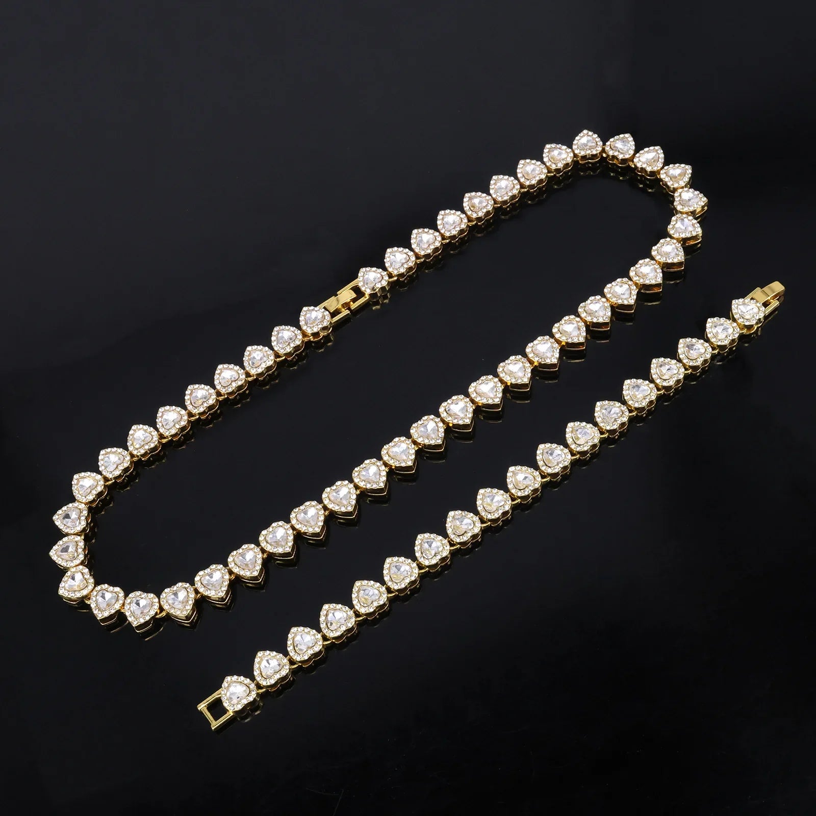 Yupsk 45CM/20CM Shiny Heart Rhinestone Hip Hop Rock Tennis Chain Bracelet Necklace for Women Men Trendy Jewelry Set Gift