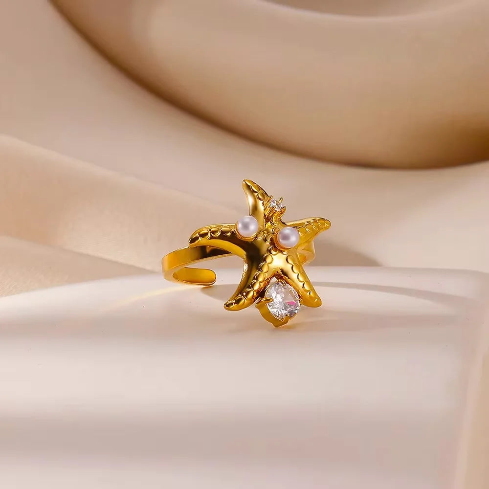 2025 Freshwater Anillos Stainless Steel Pearl Starfish Shell Rings For Women Punk Gold Color Vintage Waterproof Beach Jewelry