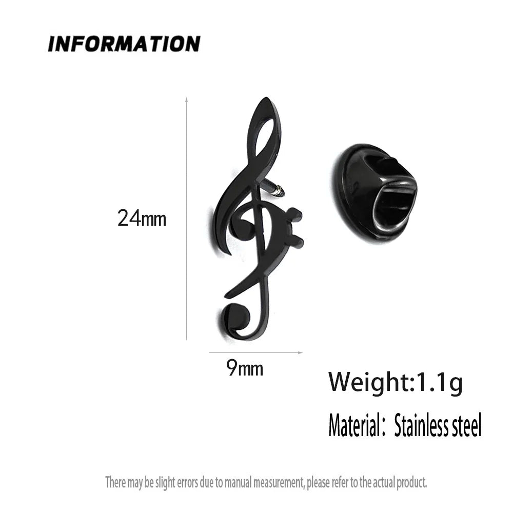 New music symbol men's lapel pin, 316L stainless steel gold-plated badge, black brooch for suit accessories, gift for father