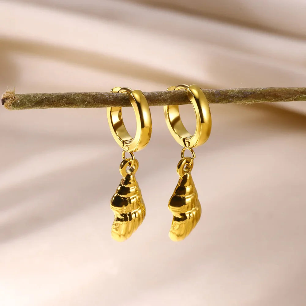 Vintage Starfish Shell Hoop Earrings For Women Gold Color Stainless Steel Ocean Shell Earring Waterproof Wedding Jewelry Gift