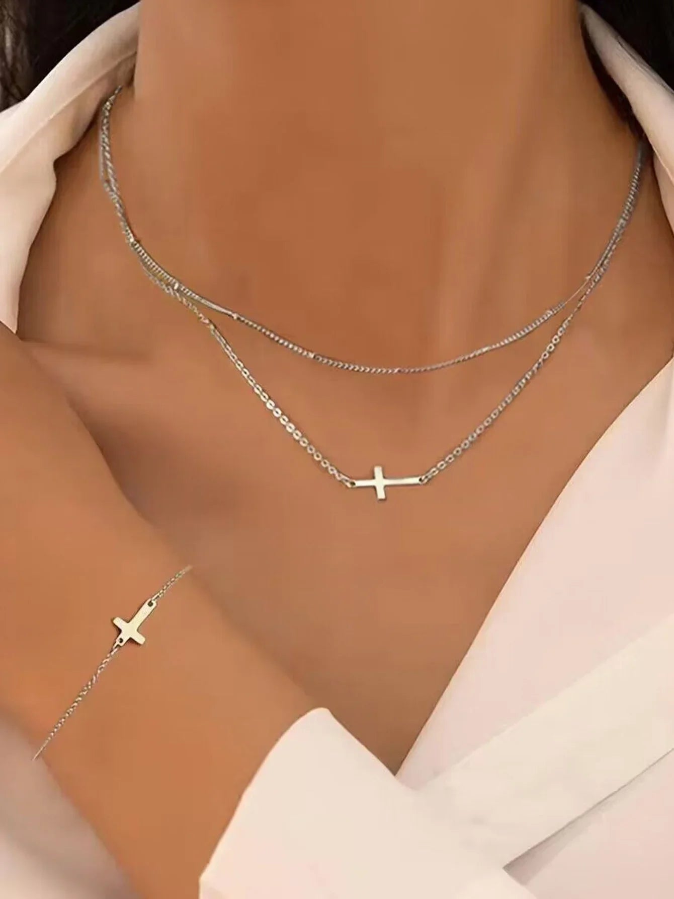 Vintage Gold Color Metal Cross Pendant Necklace Bracelet Jewelry Set for Women Simple Minimalist Match Daily Wear Accessories