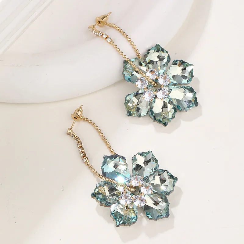 2025 New Colorful Purple Crystal Flower Dangle Drop Earrings for Women Trend Korea Fashion Luxury Wedding Party Banquet Jewelry