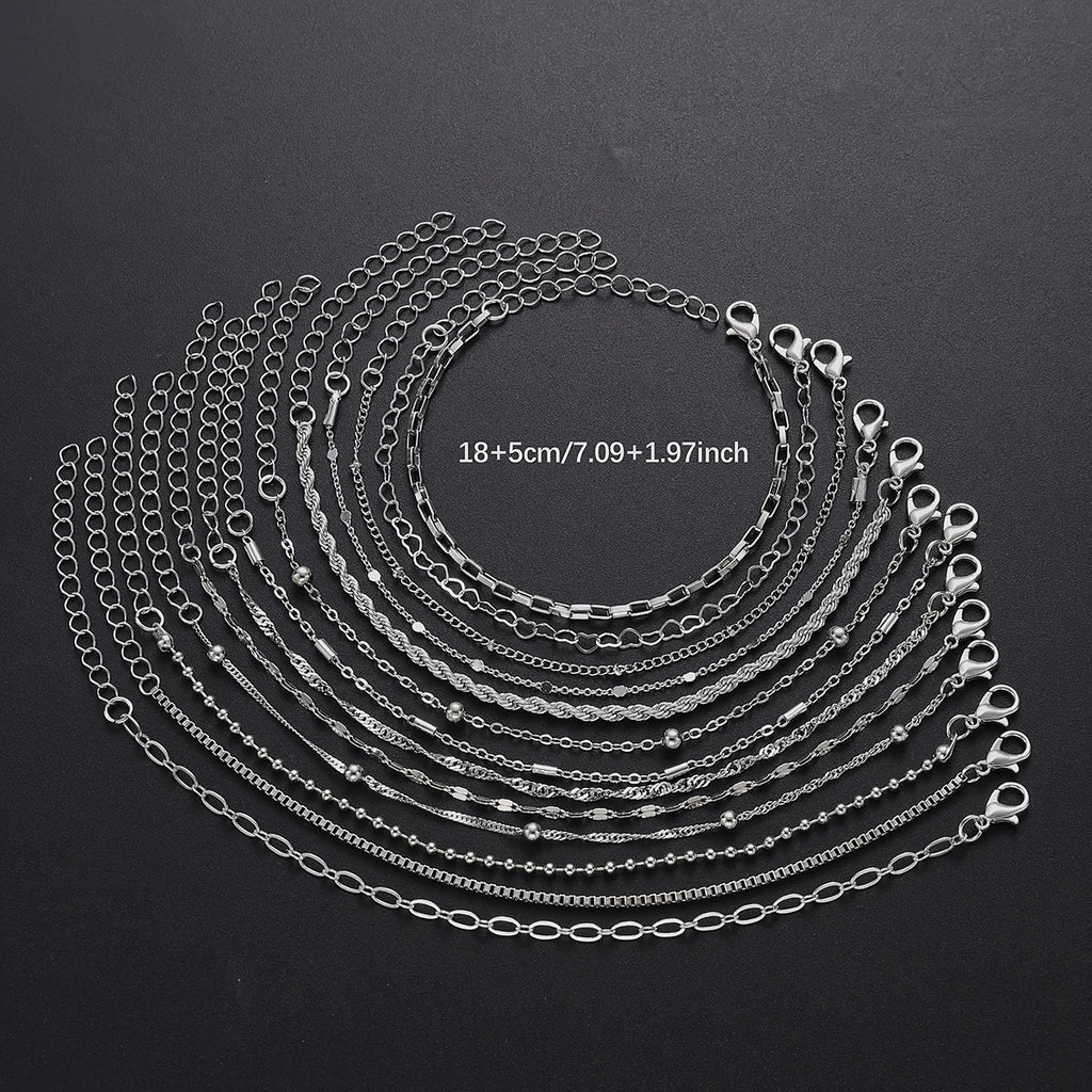 13Pcs/Set Stainless Steel Bracelet for Women, Silver Gold Color Multi Style Combination Chain, Waterproof Exquisite Jewelry Gift