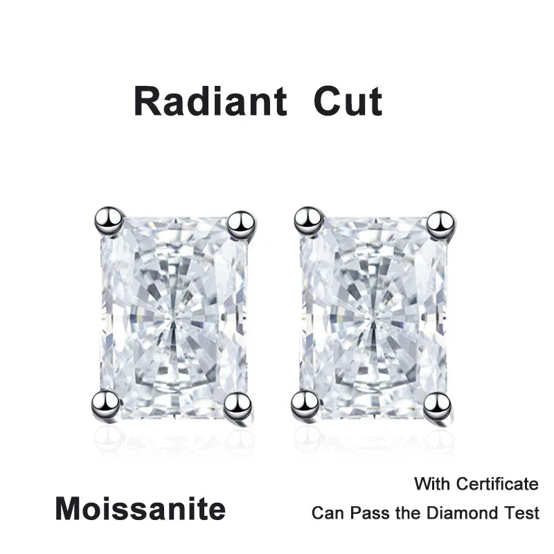 NeeTim 0.5CT 1CT 2CT Emerald Radiant Cut Moissanite Studs Earrings for Women Lab Diamond 925 Sterling Silver Earring Jewelry