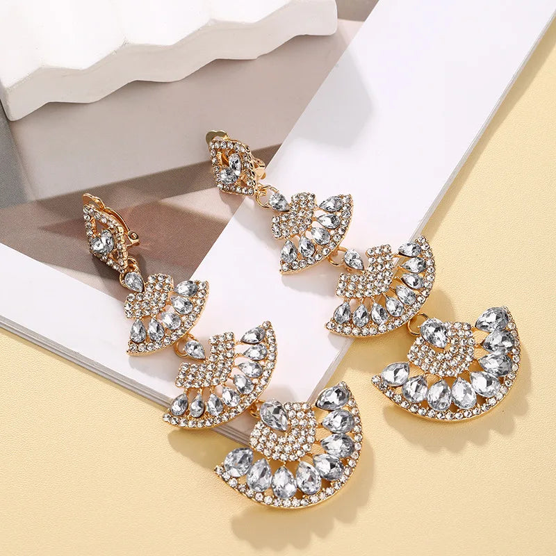 Vintage White Crystal Drop Earrings for Women Oversize Long Sector Geometric Dangle Earrings Statement Jewelry