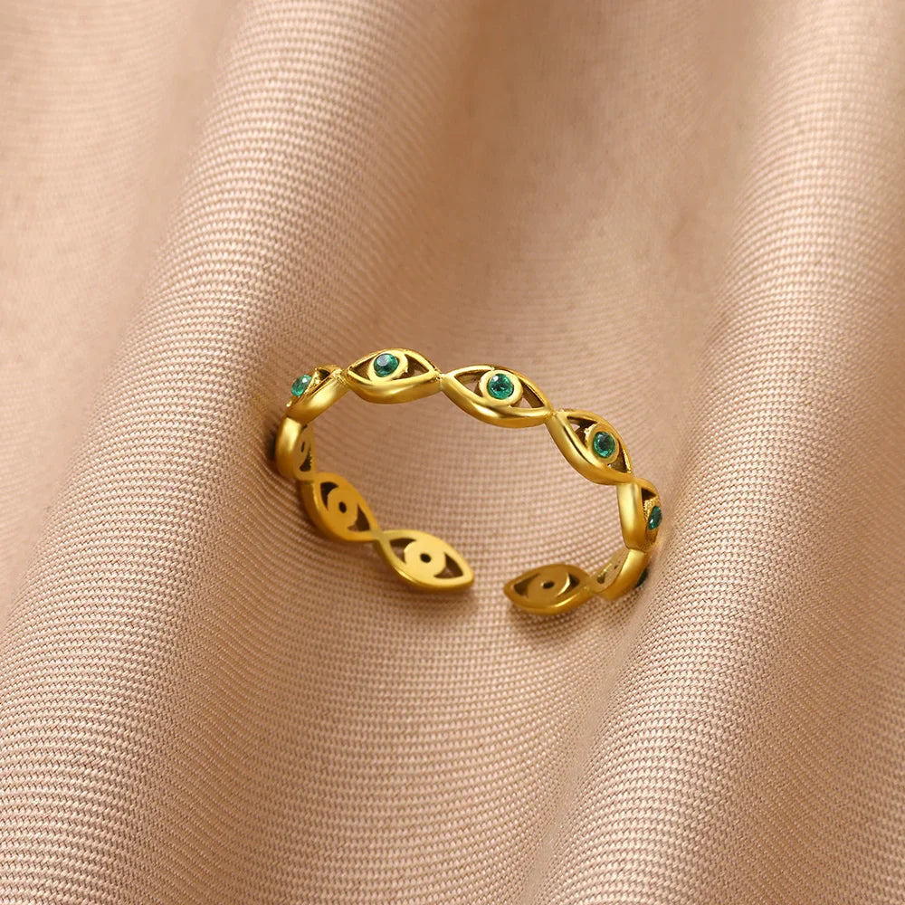Green Cubic Zircon Heart Rings For Women Vintage Gold Color Stainless Steel Open Ring Fashion Aesthetic Jewelry Wedding Gift