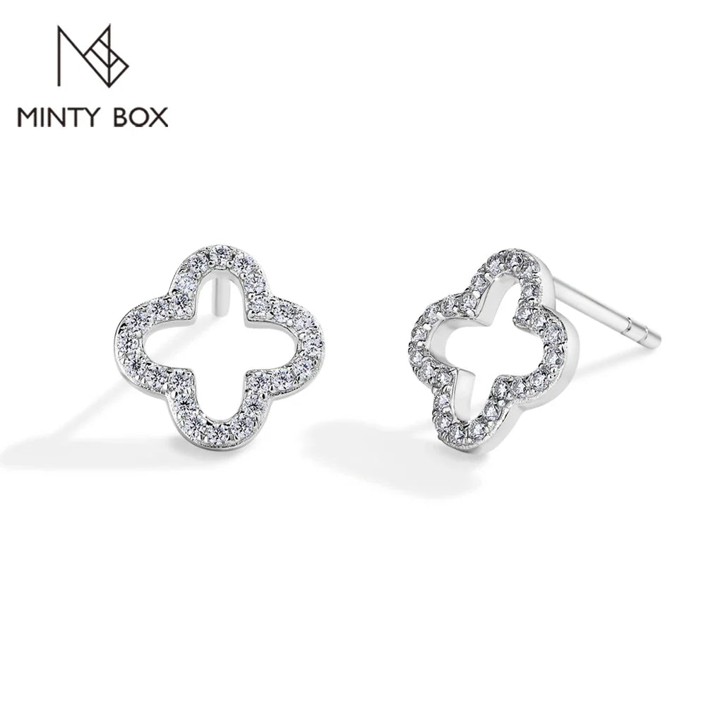 MINTYBOX S925 Sterling Silver Moissanite Diamond Stud Earrings for Women Clover 18k White Gold Plated Flower Wedding Fine Jewelr