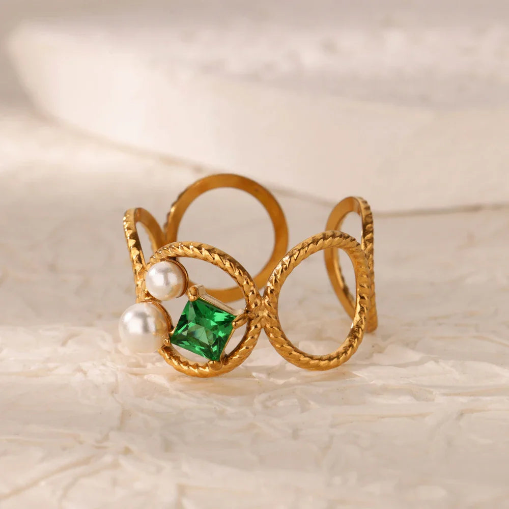 Green Cubic Zircon Heart Rings For Women Vintage Gold Color Stainless Steel Open Ring Fashion Aesthetic Jewelry Wedding Gift