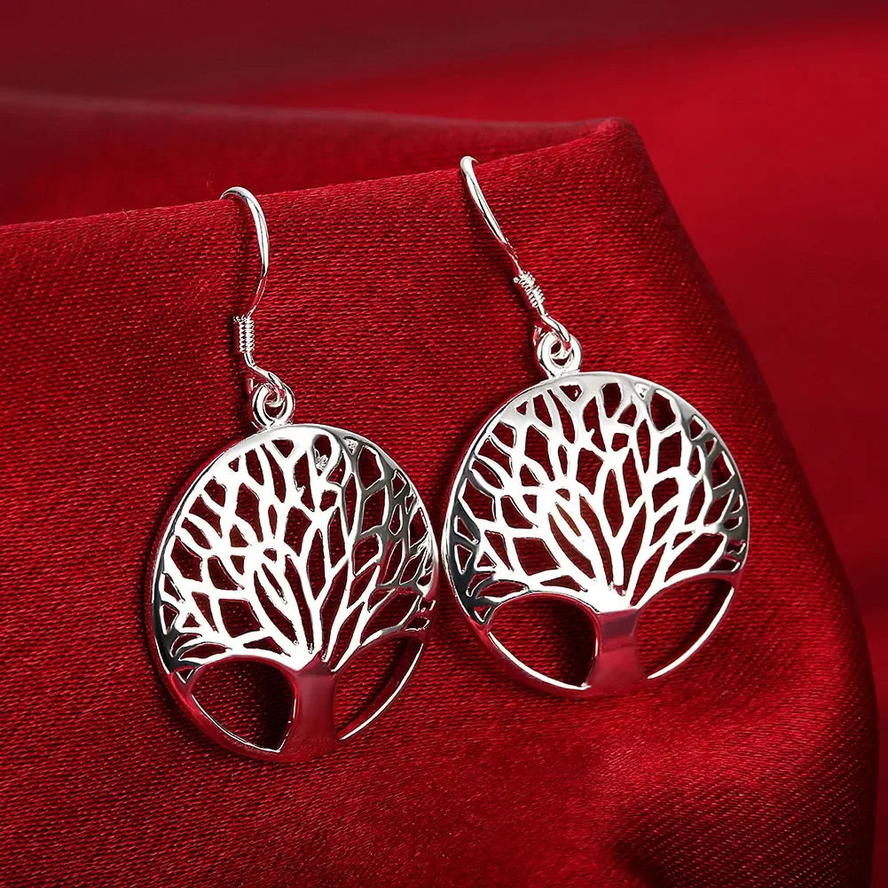 925 Sterling Silver Fine Retro Round Tree Pendant Necklace Earrings Sets For Woman Fashion Party Wedding Jewelry Set Gifts