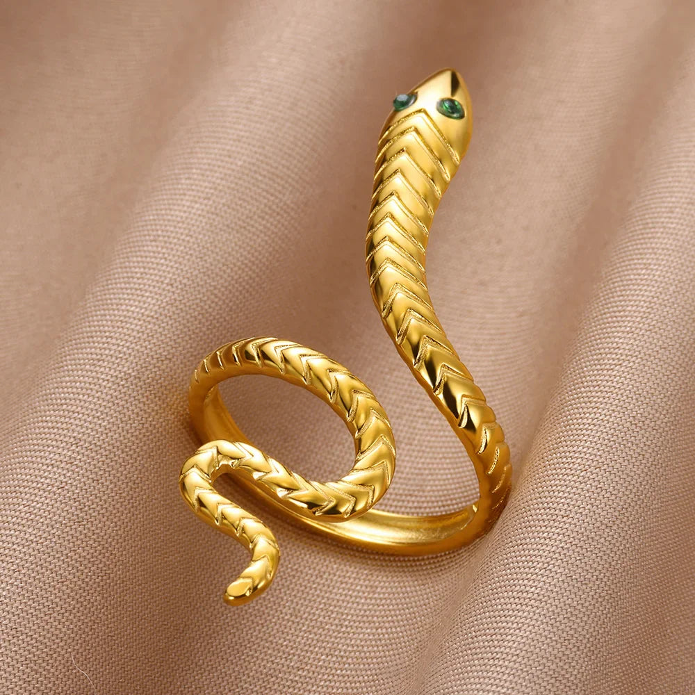 Zircon Snake Rings For Women Men Stainless Steel Gold Color Open Adjustable Ring Vintage Gothic Aesthetic Jewelry anillos mujer