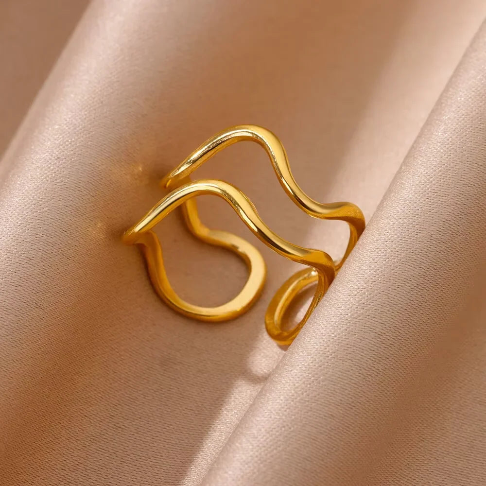 Stainless Steel Flower Open Rings For Women Trend Wedding Heart Jewelry Gold Color Geometric Hollow Ring Daily Accessories Gift