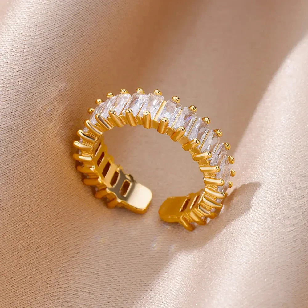 Colorful Cubic Zircon Ring for Women Stainless Steel Gold Color Open Ring Vintage Boho Wedding Party Jewelry Gift Accessories
