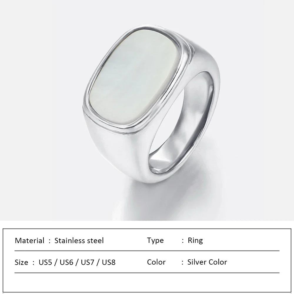 SUNIBI Square Vintage Shell Ladies Ring Stainless Steel White Gold Color Large Chunky Ring Party Jewelry Accessories Gift Dinner