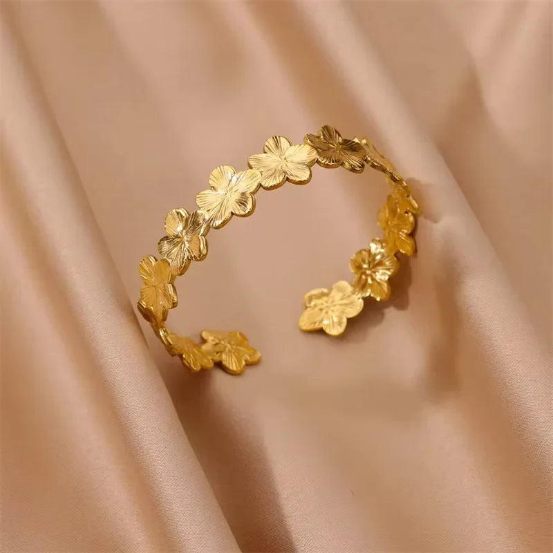 Summer Waterproof Cuff Bangles Bracelet For Women Cute Flower Double Layer Open Stainless Steel Gold Color Star Shell Jewelry