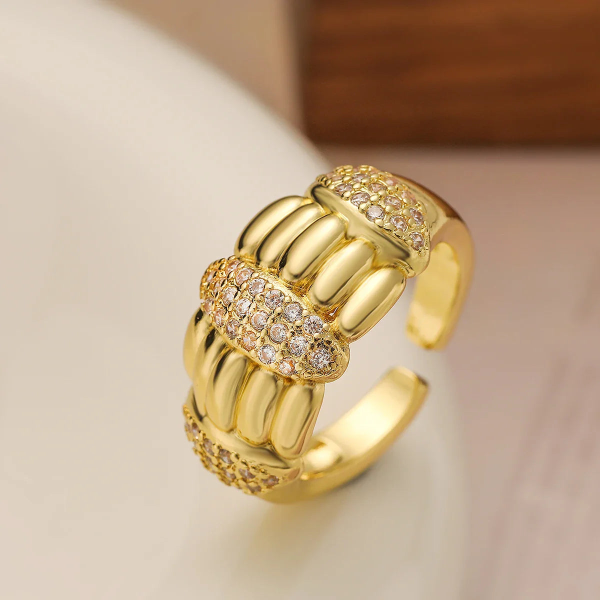 NEWBUY Luxury AAA Cubic Zirconia Inlay Copper Wedding Jewelry Gold Color Statement Geometric Shape Open Design Rings For Women