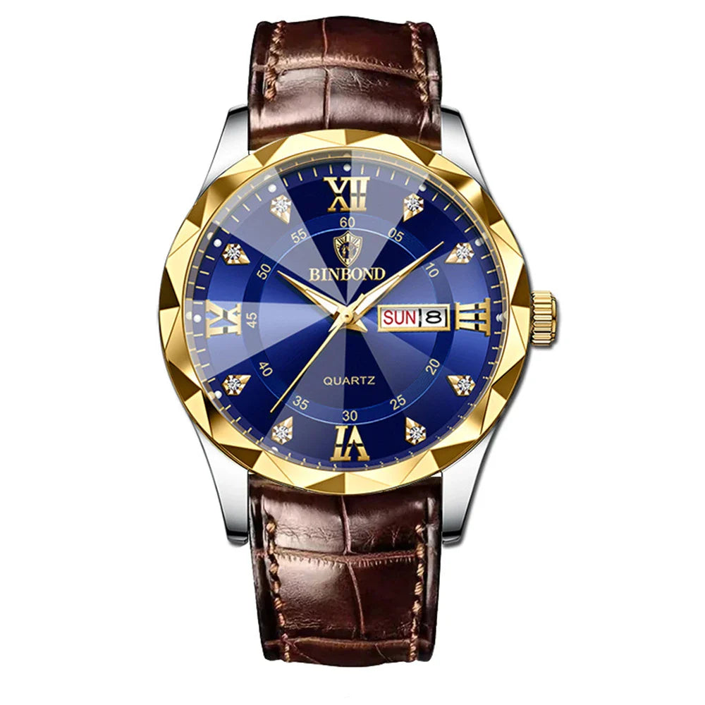 New Gold Business Leather Casual Diamond Clock Men Luxury Watch Automatic Watches Mens Fashion Quartz Wristwatches Orologi Uomo
