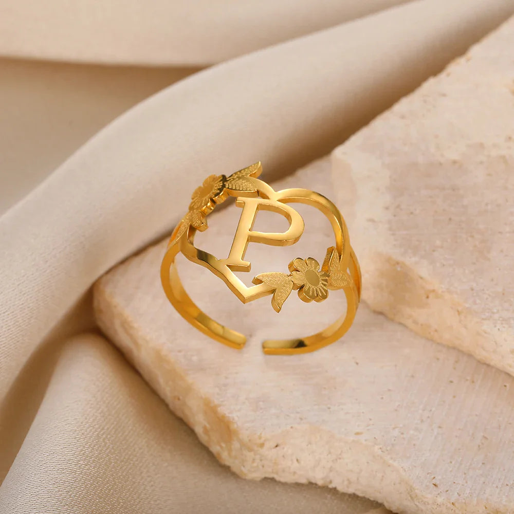 Stainless Steel Initials Letter Heart Rings for Women Girls Gold Color Flower Alphabet Ring Fashion Valentine's Day Jewelry Gift