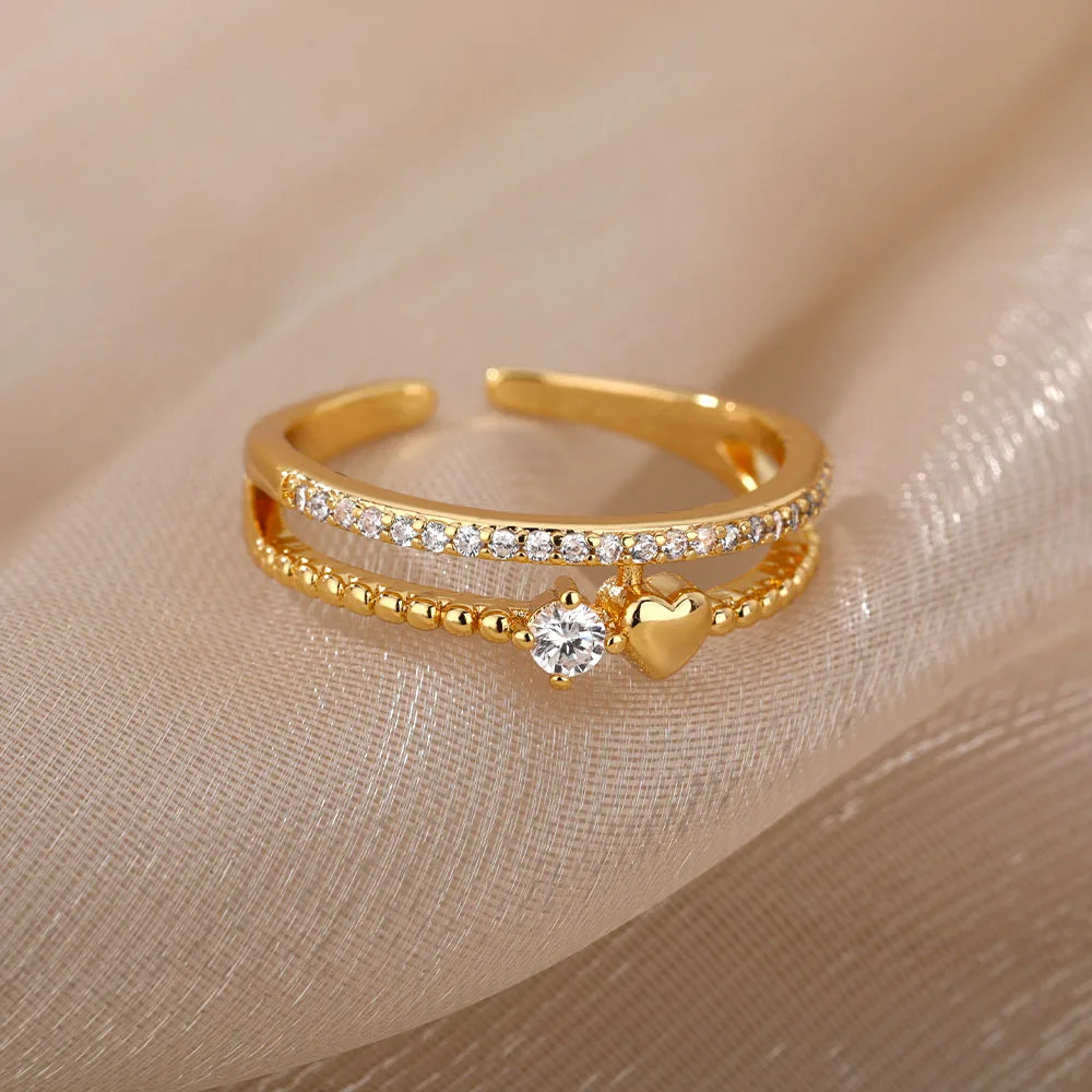 Zircon Chain Cross Rings For Women Vintage Gold Color Stainless Steel Geometric Open Ring Fashion Wedding Aesthetic Jewelry Gift