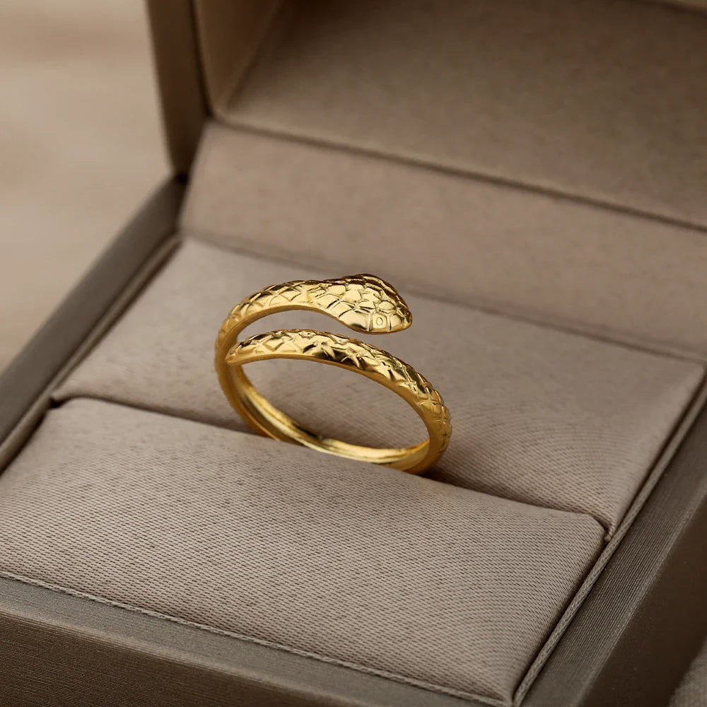 Stainless Steel Snake Rings For Women Men Gold Color Open Adjustable Zircon Ring Vintage Gothic Aesthetic Jewelry anillos mujer