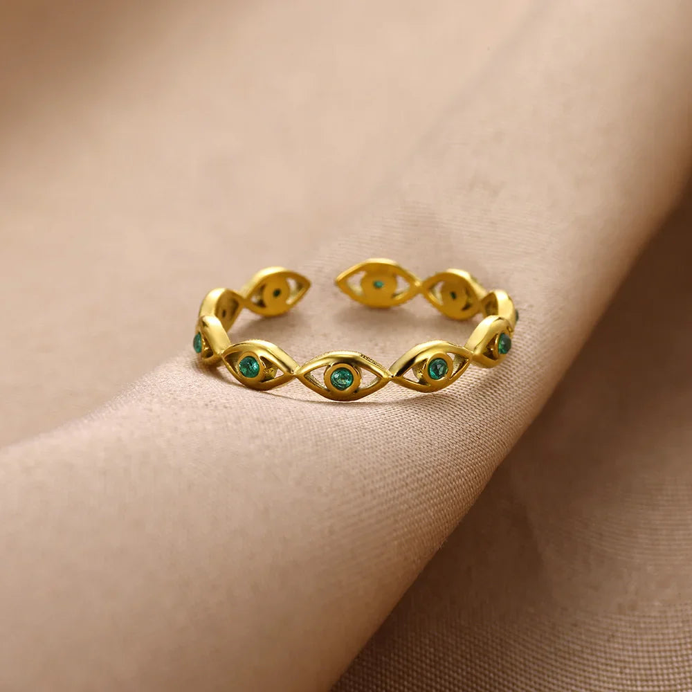 Green Zircon Evil Eye Rings For Women Stainless Steel Gold Color Geometric Open Ring New Wedding Waterproof Fashion Jewelry Gift