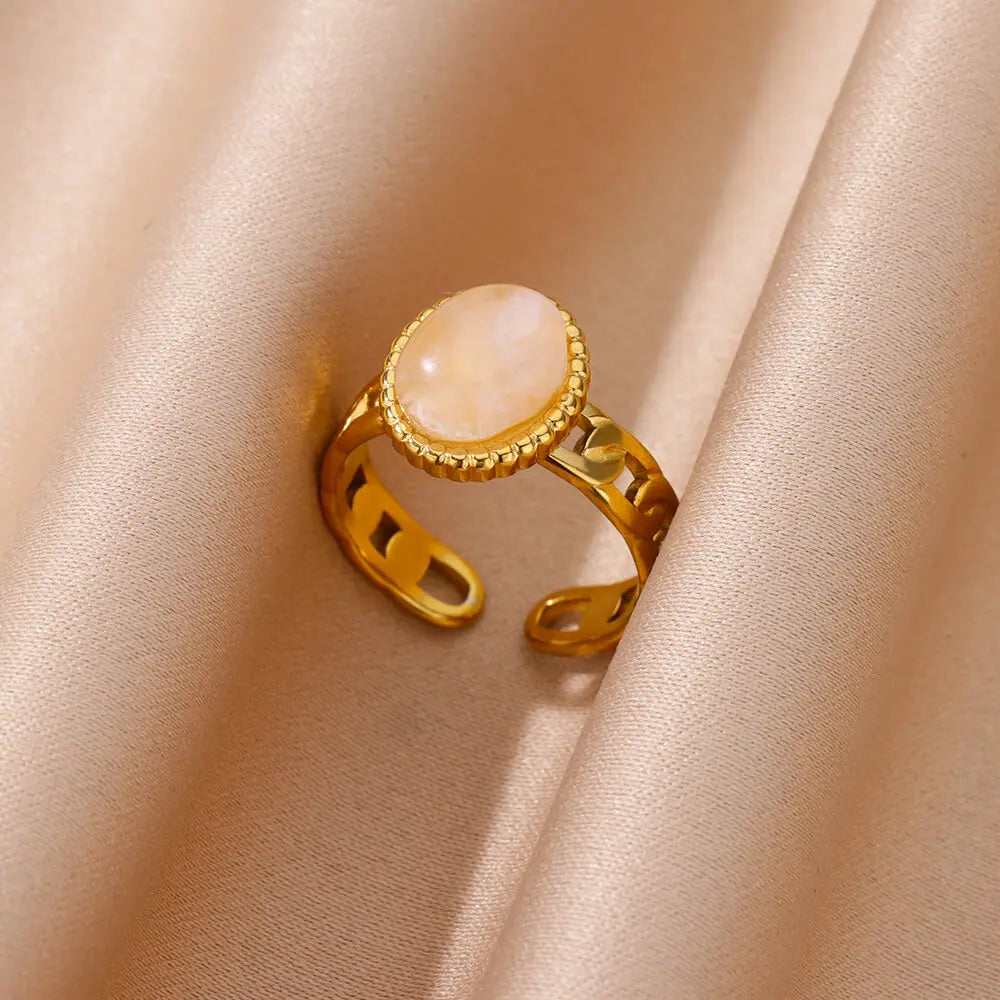 Stainless Steel Smooth Double Ball Beads Rings For Woman Vintage Opal Natural Stone Ring Fashion Gold Color Aesthetic Jewelry