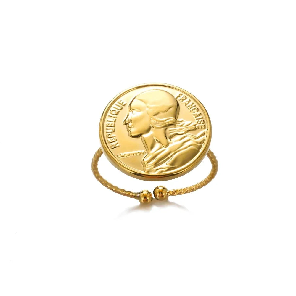 Stainless Steel Round Portrait Open Rings For Women Gold Color Adjustable Wedding Aesthetic Ring Party Fashion Jewerly Gift BFF