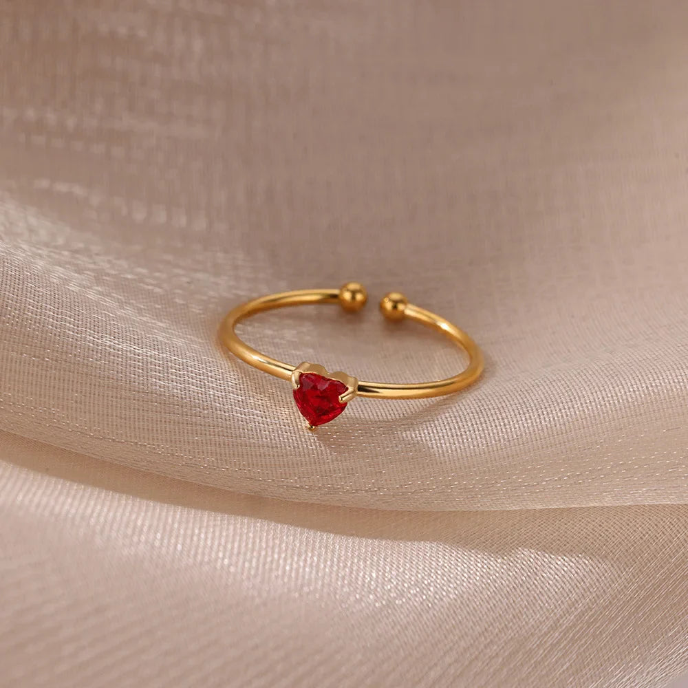 Stainless Steel Birthstone Open Rings for Women Fashion 12-color Crystal Zircon Heart Ring Birthday Aesthetic Jewelry Gift