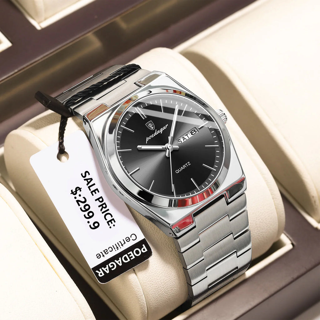 POEDAGAR Luxury Business Man Wristwatch Waterproof Luminous Stainless Steel Men Watch Date Week Fashion Quartz Men's Watches+Box