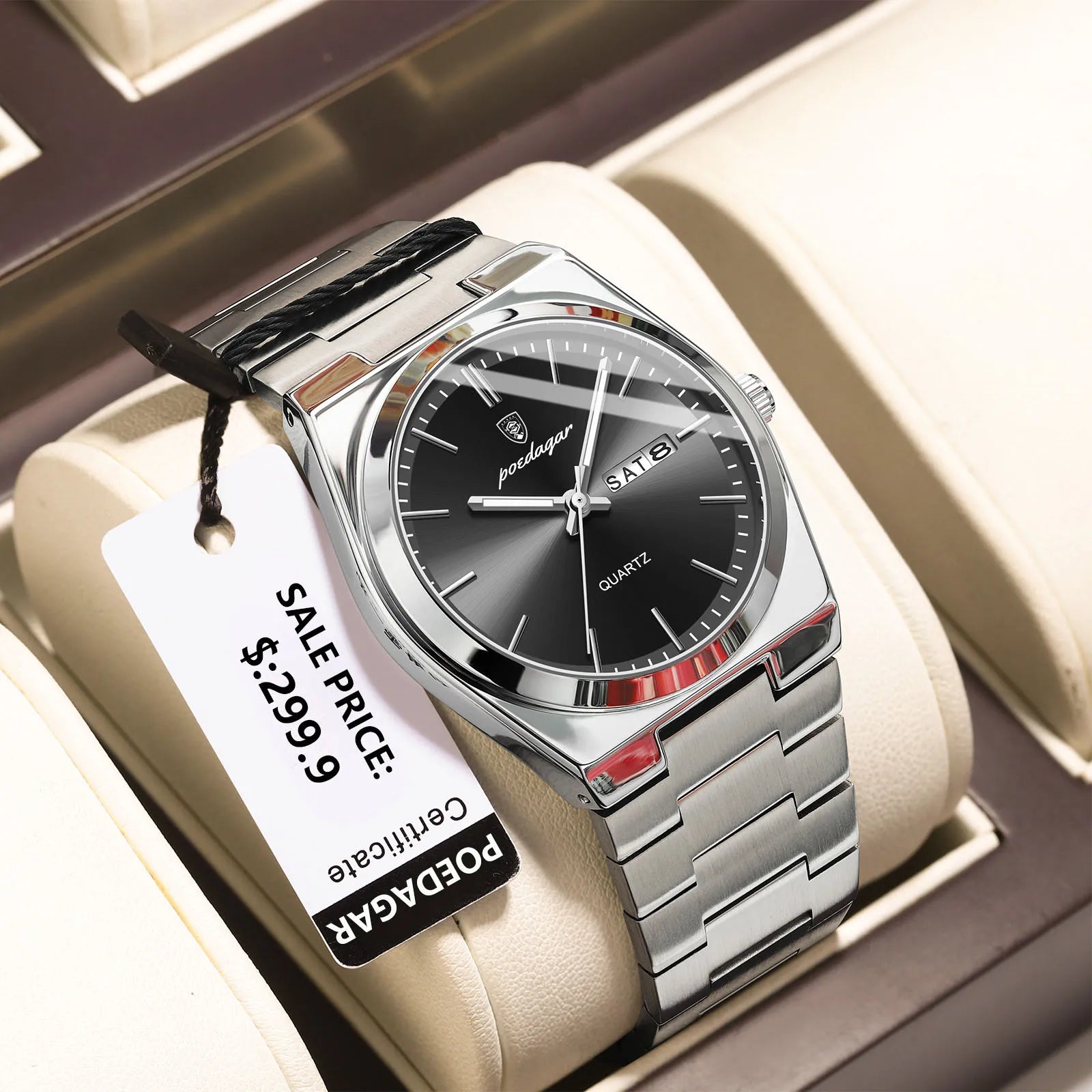 POEDAGAR Luxury Business Man Wristwatch Waterproof Luminous Stainless Steel Men Watch Date Week Fashion Quartz Men's Watches+Box