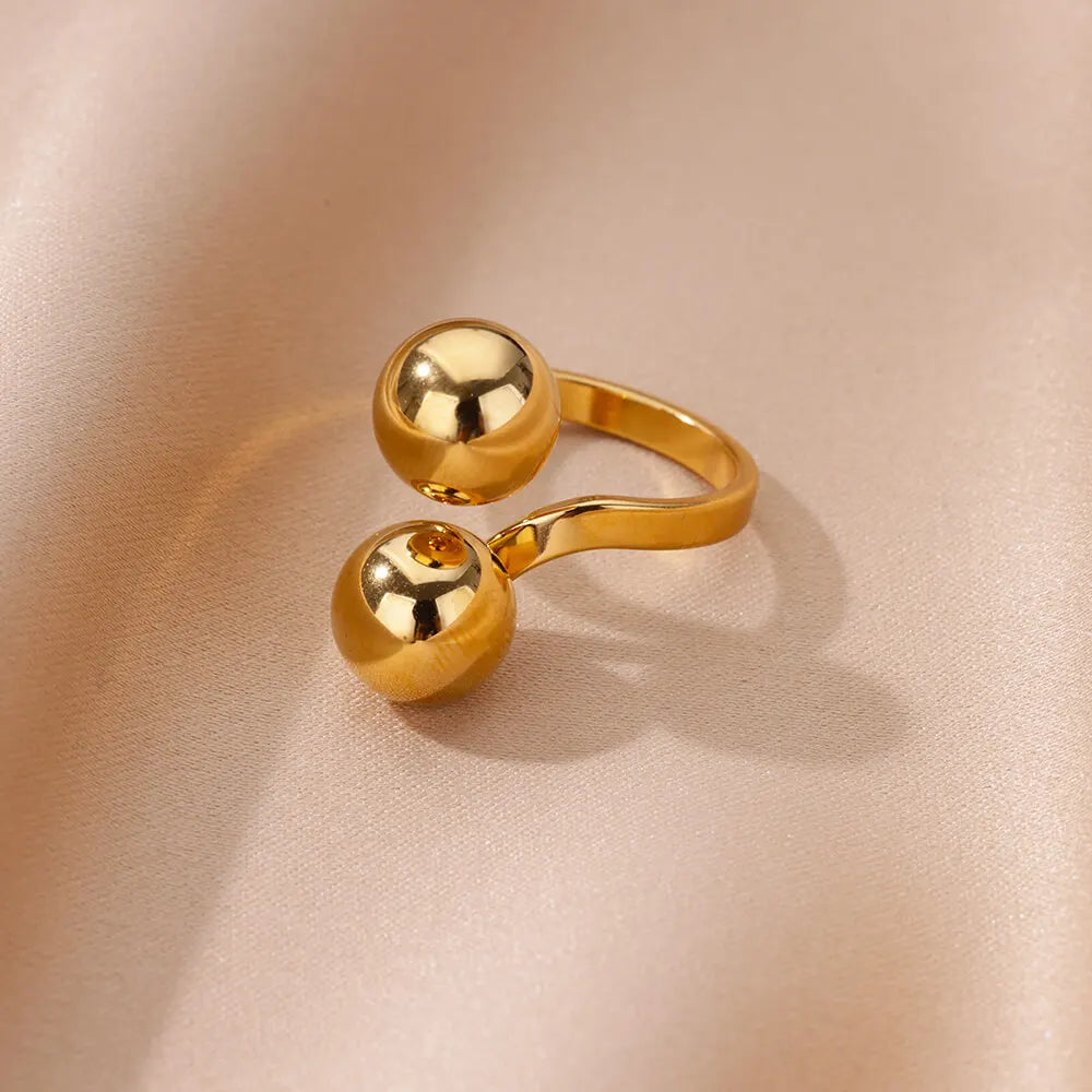 Stainless Steel Smooth Double Ball Beads Rings For Woman Vintage Opal Natural Stone Ring Fashion Gold Color Aesthetic Jewelry