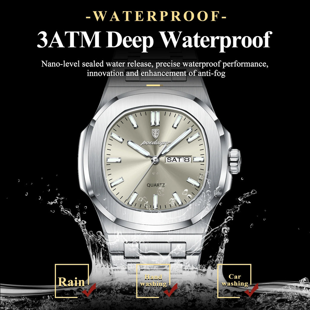 POEDAGAR Trendy Casual Wristwatch For Men Week Date Stainless Steel Man Watch Luminous Waterproof Luxury Quartz Men Watches+Box