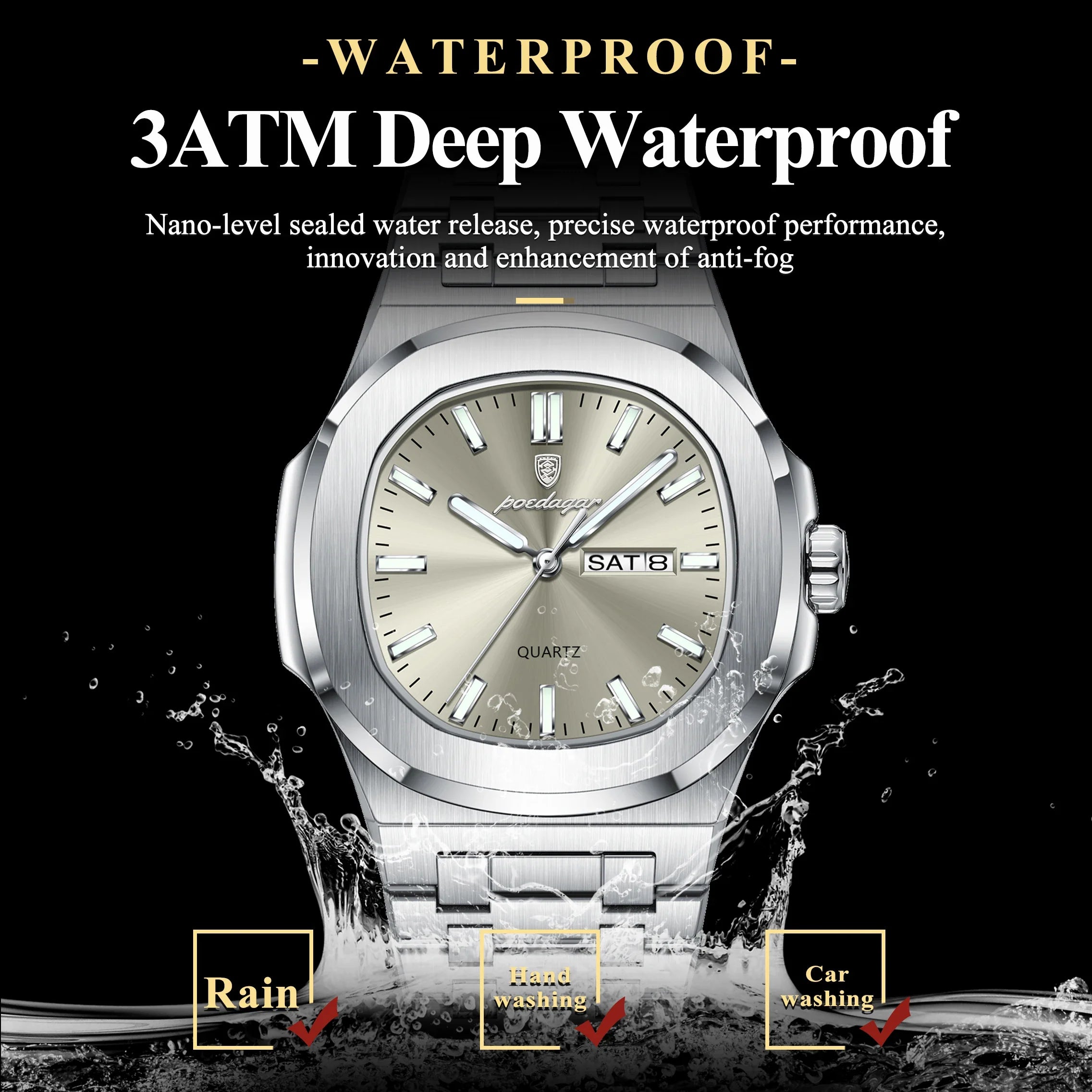 POEDAGAR Trendy Casual Wristwatch For Men Week Date Stainless Steel Man Watch Luminous Waterproof Luxury Quartz Men Watches+Box