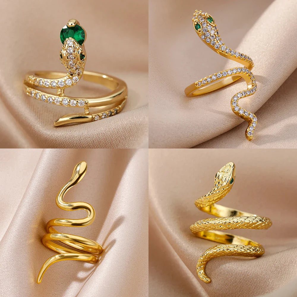 Zircon Snake Rings For Women Men Stainless Steel Gold Color Open Adjustable Ring Vintage Gothic Aesthetic Jewelry anillos mujer
