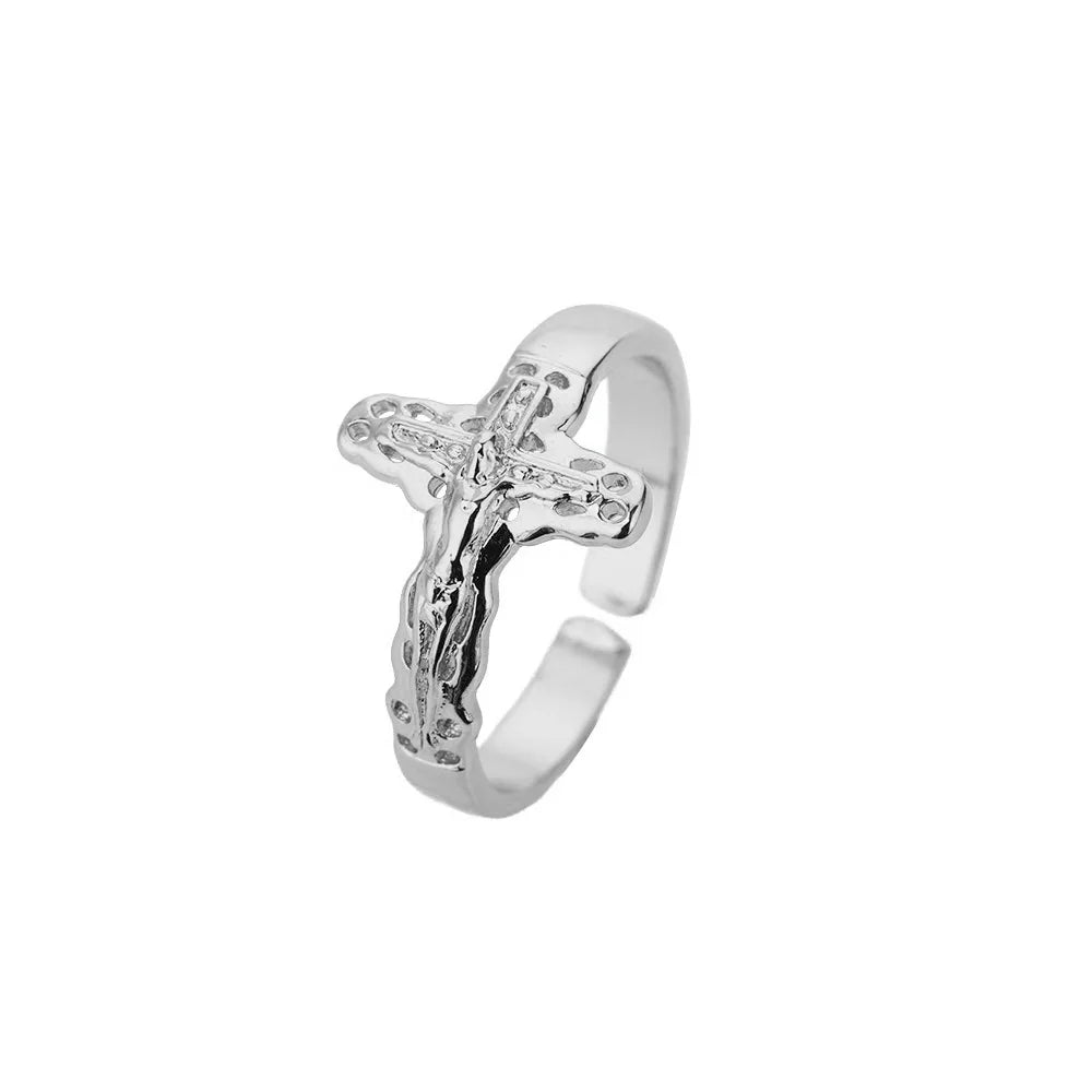 Vintage Jesus Cross Rings For Women Men Gold Color Stainless Steel Jesus Cross Adjustable Ring Religious Party Jewelry Gift