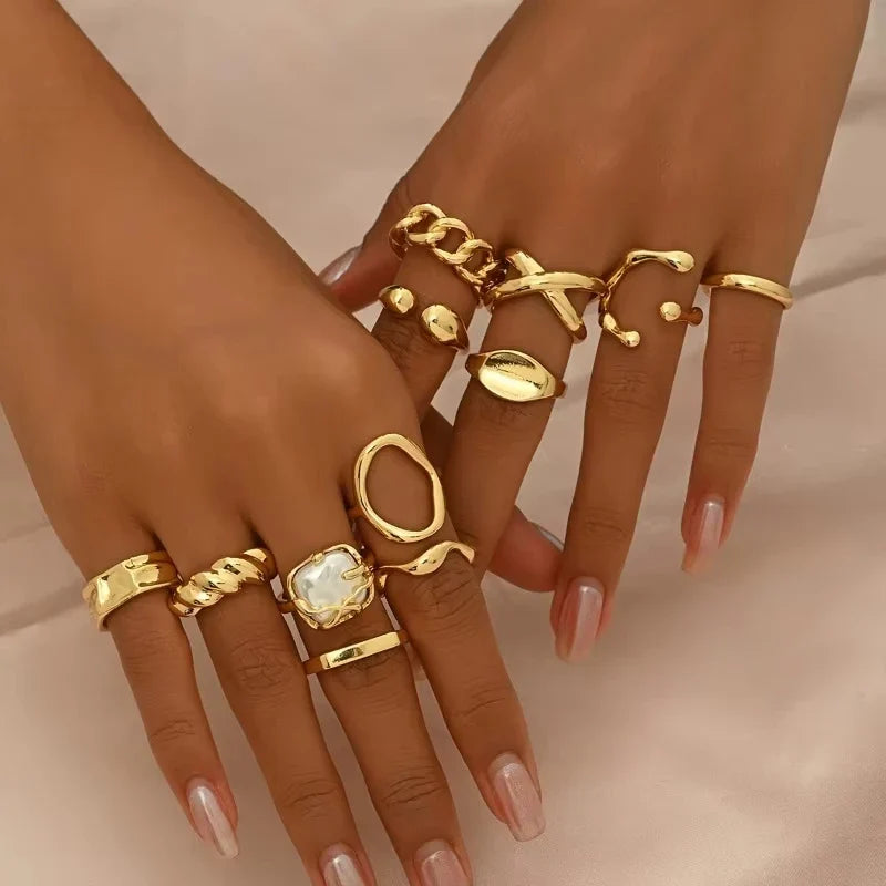 12pcs/set Vintage Bohemian Fashion Women's Ring Set, Perfect for Beach Vacations and Leisure, Suitable for All Seasons