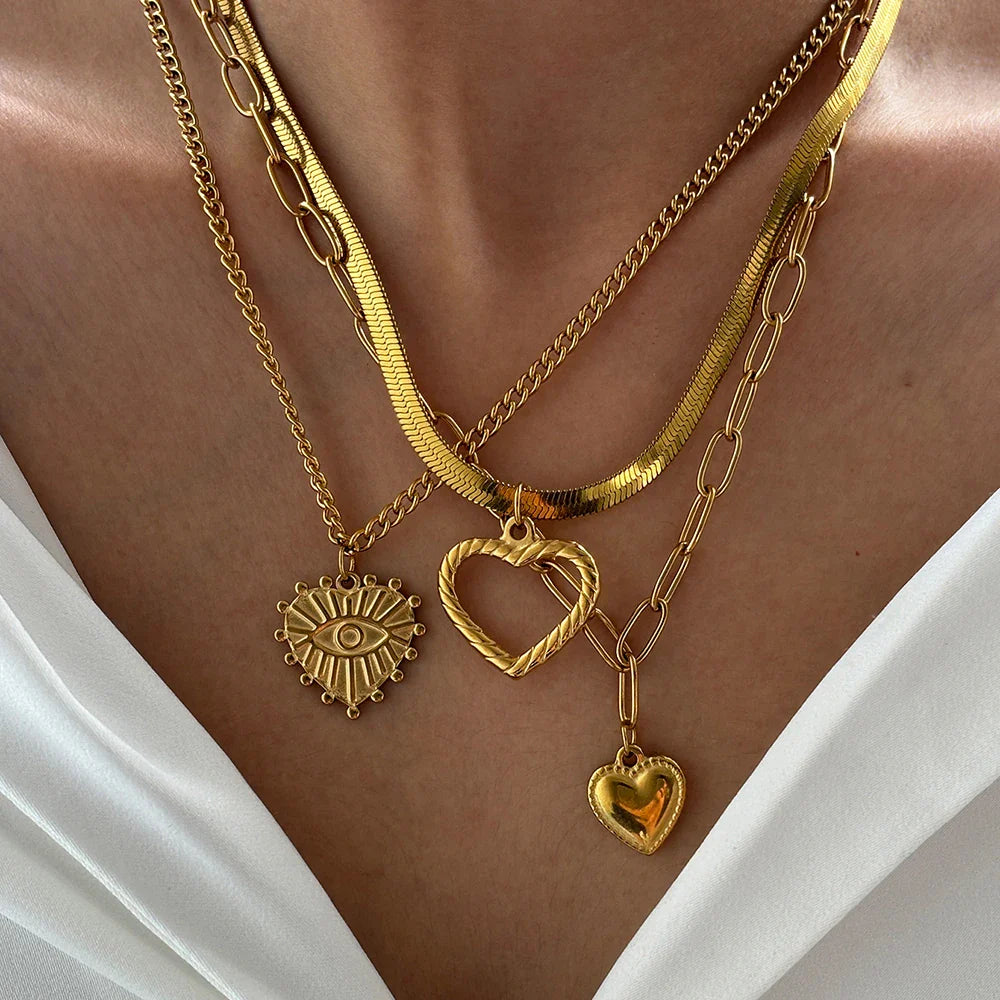 Stainless Steel Necklace Vintage Noble Texture Unique Heart Pendant Multi-style Chain Fine Necklace For Women Jewelry Party Wear