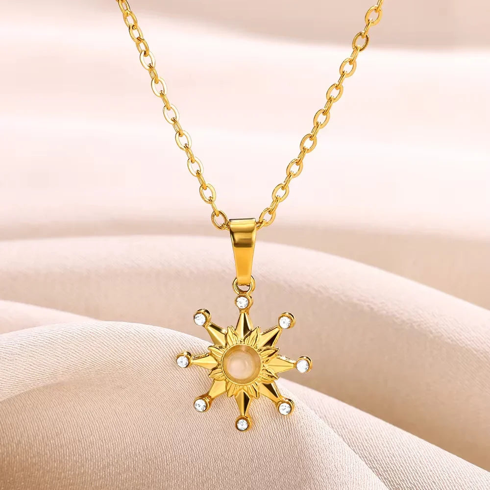 Stainless Steel Sun Sunflower Pendant Necklace For Women Gold Color Round Charm Clavicle Chain Necklaces Fashion Jewelry Gift