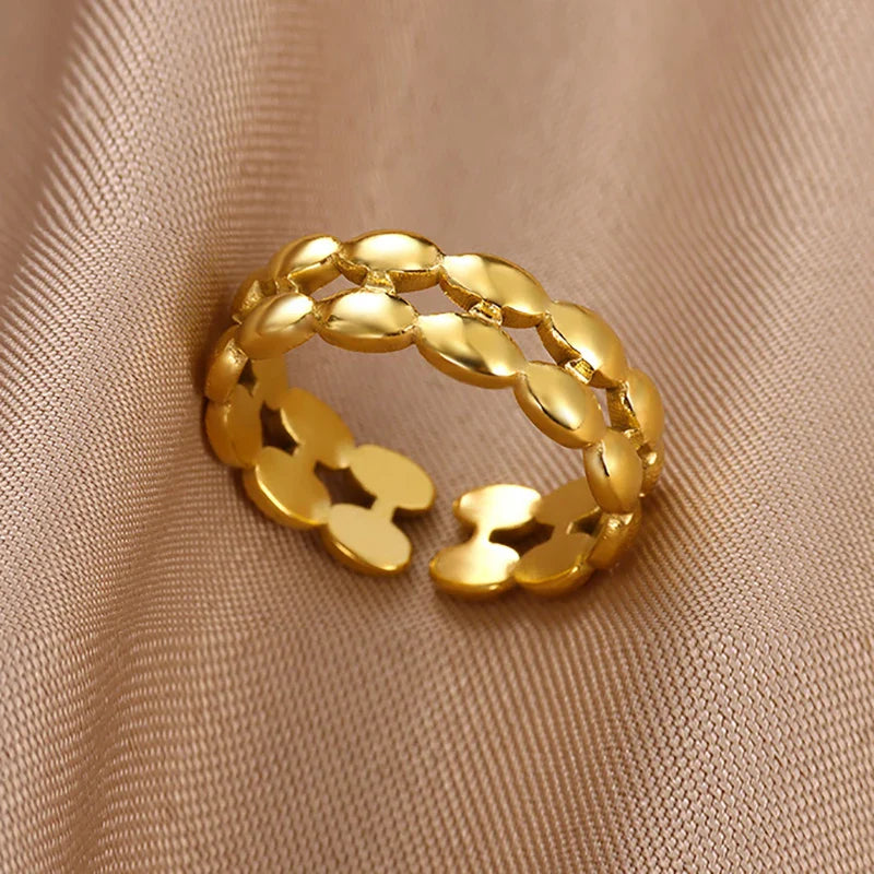 Stainless Steel Double Layer Rings for Women Vintage Hollow Out Geometric Finger Ring Fashion Jewelry Wedding Birthday Gift