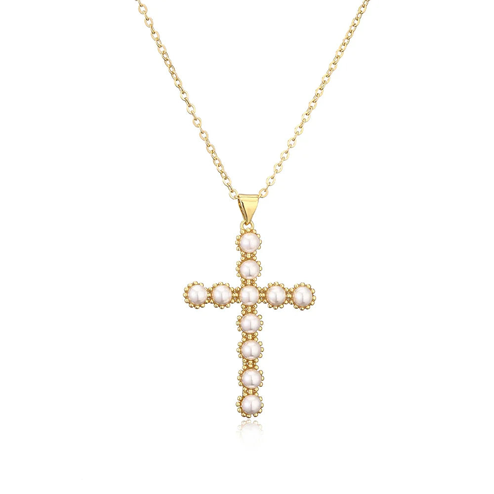 NEWBUY Classic Design Cross Pendant Gold Color 316L Stainless Steel Chain Necklace For Women Luxury Pearl Jewelry